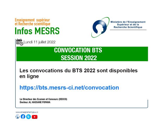 Retrait des convocations BTS 2022 Côte d'Ivoire 